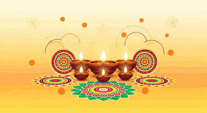 A digital illustration of Diwali diyas and rangoli