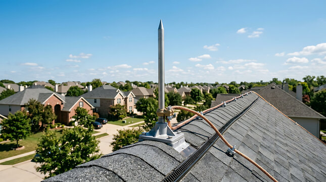 Metal Lightning Rod Installed on a Residential Rooftop Under a Clear Blue Sky