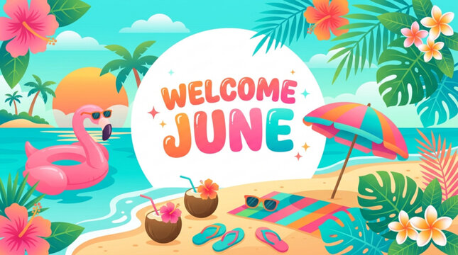 Welcome June tropical beach scene with flamingo float coconut drinks and umbrella celebrating summer vacation and warm weather