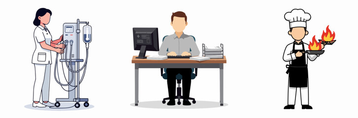 Fototapeta premium Nurse, Office Worker, and Chef Flat Vector Illustration Set