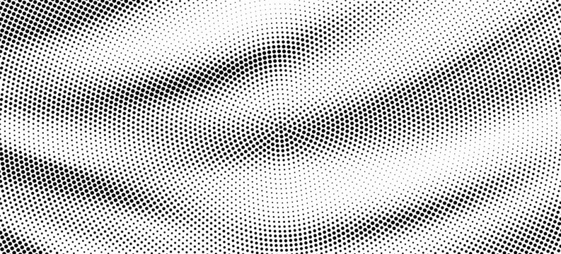 Black halftone dot wave pattern. Abstract grain fluid texture background. Dotted grit curve wallpaper. rasterized undulate swoosh overlay for poster, booklet, banner, brochure, flyer, leaflet. Vector