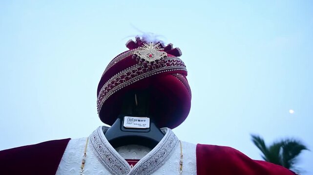 Traditional Indian Groom Wedding Attire with Sherwani, Turban and Mojari Display Before Marriage Ceremony