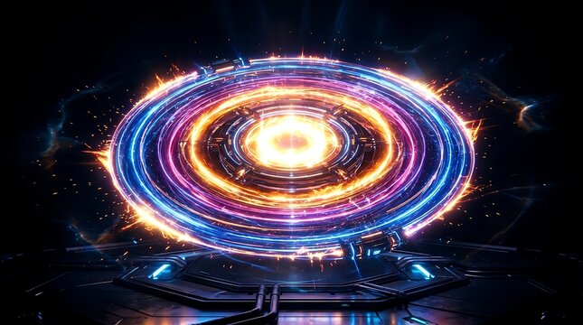 Glowing circular portal emitting intense orange and blue plasma energy rings with bright sparks floating above a dark metallic futuristic platform in deep black space