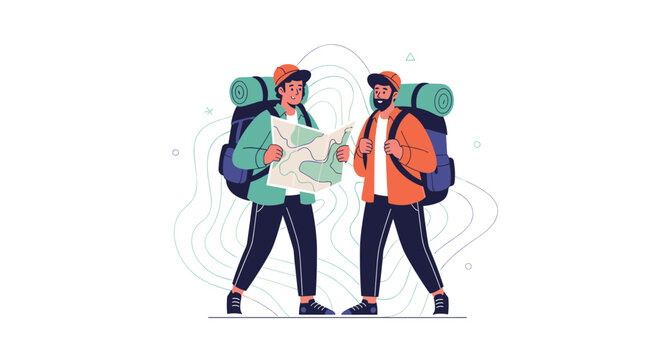 Two male hikers wearing backpacks and orange hats examining a topographic map together while standing outdoors.