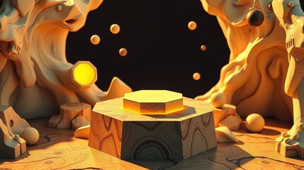 Fototapeta premium Abstract wooden scene. Warm lighting highlights geometric shapes, organic forms. Minimalist presentation, soft shadows, inviting composition.