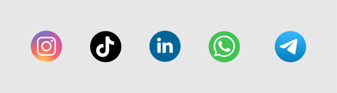 Social media network logo icon set. Telegram, Instagram, X, LinkedIn, WhatsApp, TikTok 
