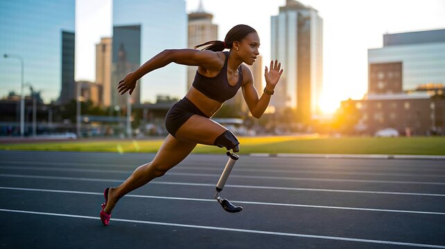 Female athlete with prosthetic leg sprinting on running track during sunset representing determination and adaptive sports