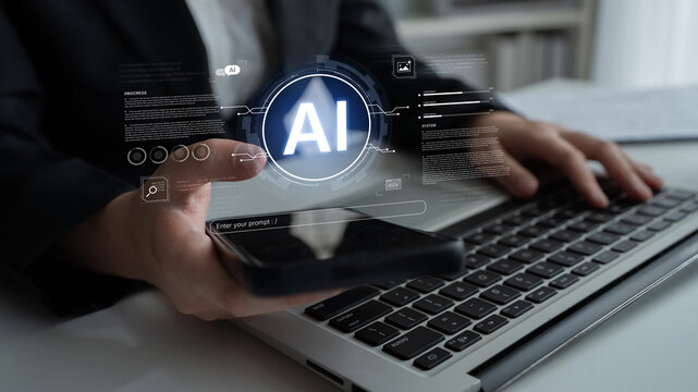 A futuristic interface for a generative AI system. A developer enters a prompt to initiate coding, data processing, and monitor the system's progress and performance. Fermion