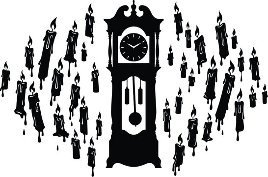 Grandfather Clock And Melting Candles Black Silhouette On White Background