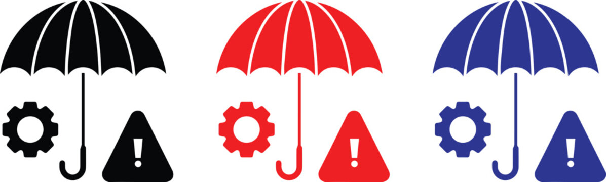 Umbrella protection and warning icon set with weather safety alert and insurance symbols in outline and solid style for web and app design