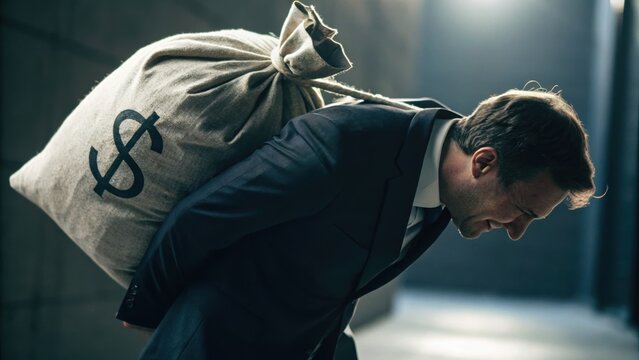A businessman in a suit struggles to carry a large sack marked with a dollar sign on his back, symbolizing financial burden or stress.