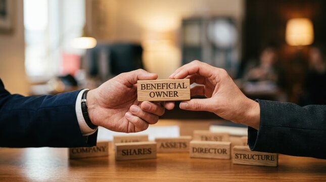 Two people exchange a wooden block labeled "Beneficial Owner" over a table with other business-related wooden blocks.