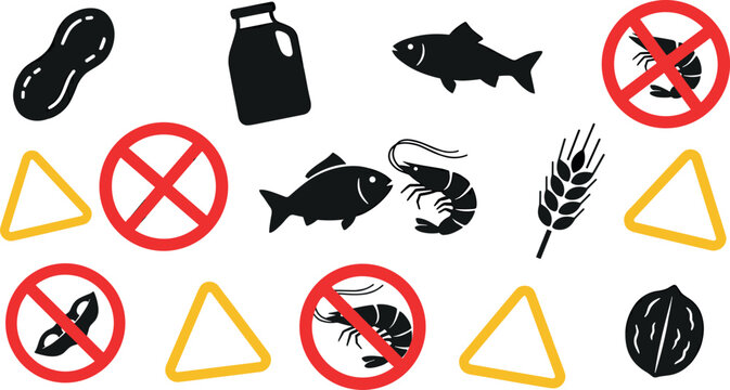 Food Allergen Warning Icon Set Featuring Peanut Free Dairy Milk Fish Shellfish Shrimp Wheat Gluten and Walnut Symbols for Packaging and Diet Safety