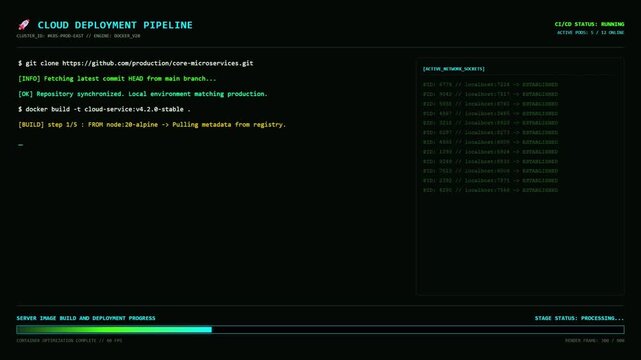 Cloud deployment pipeline terminal code screen interface.