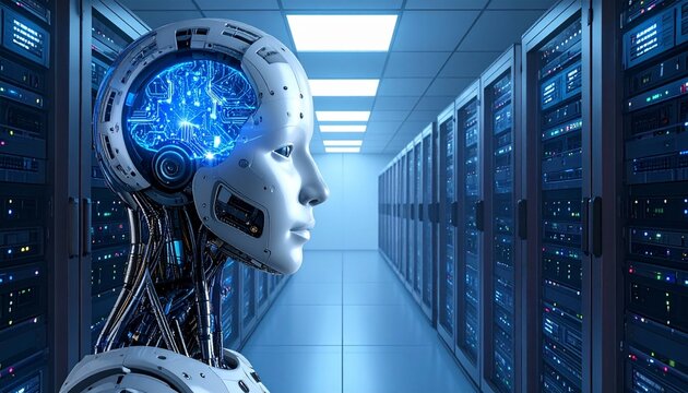 Humanoid robot monitoring servers in futuristic data center corridor