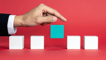 Obraz premium Hand holding blue cube above white cubes on red background