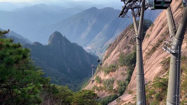 Huangshan China cable car moving up and down between peaks