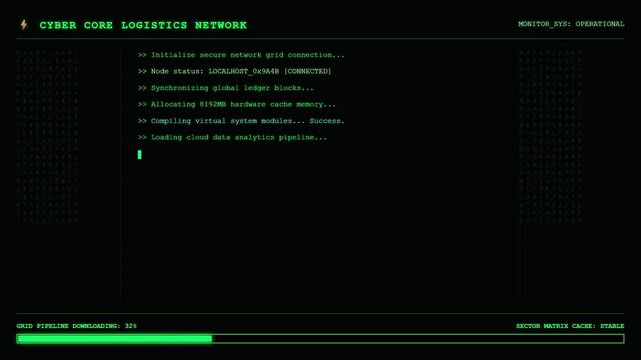 Futuristic green hacker terminal code screen interface.