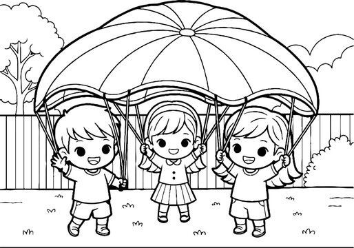 Three children happily sharing a large parachute umbrella.