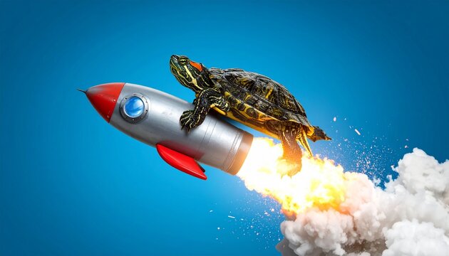 Turtle riding rocket sky humorous contrast