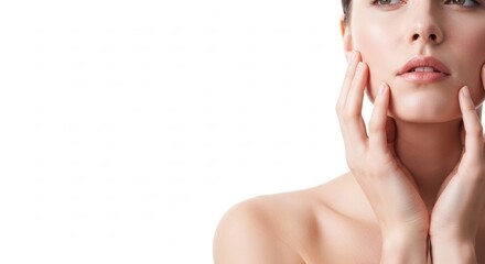 Naklejka premium Woman touches her face with both hands