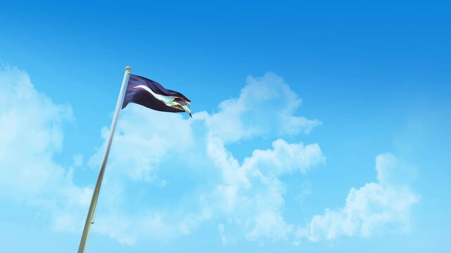 American Samoa Flag 3D Render Animation on Pole with Blue Sky and Clouds - Low Angle View
