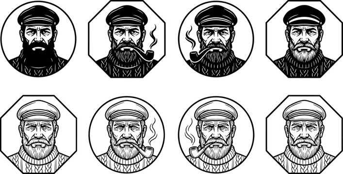 Bearded Sea Captain Avatar Icon Set with Smoking Pipe Portraits inside Circular and Octagonal Badges for Retro Nautical Logos and Marine Designs