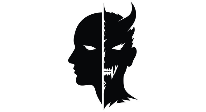 A striking black and white silhouette of a face split between angel and devil