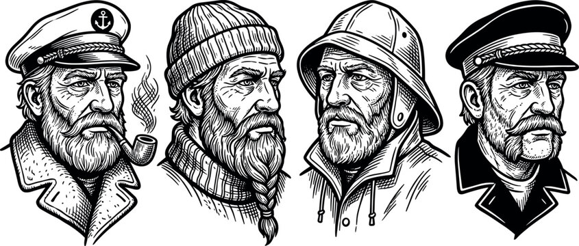 Old Sea Captain and Sailor Portrait Set Featuring Bearded Mariners, Fisherman Hats, Captain Cap, and Smoking Pipe in Vintage Woodcut Engraving Style