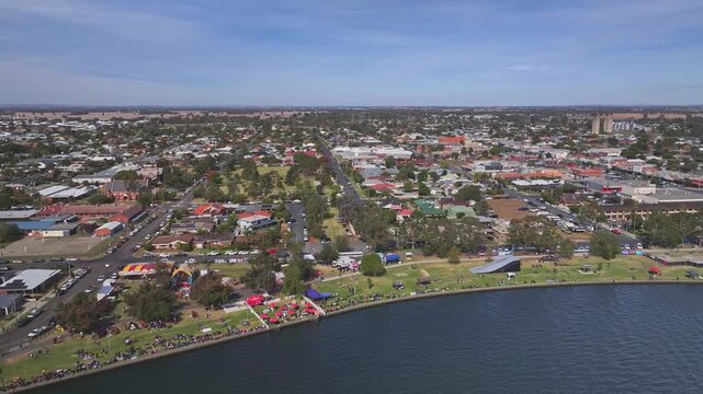 Wide aerial view over Yarrawonga and Lake Mulwala