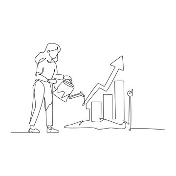 Growth business woman carefully watering a rising bar graph symbolizing successful investment and sustained financial progress