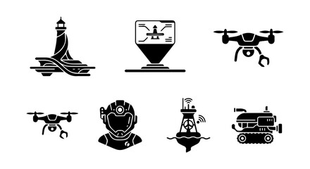 Maritime Technology Icons: Lighthouse, Drone, ROV, Buoy, Diver, Hologram © Fariya02
