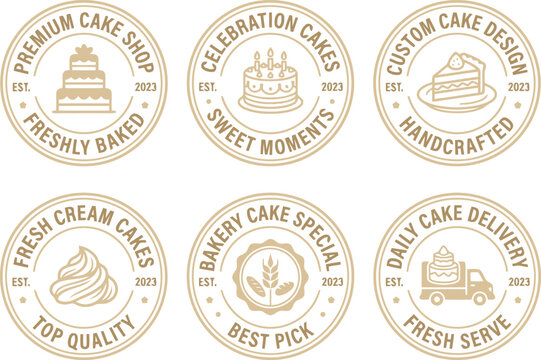 Set of six circular beige stamps or badges with cake and bakery designs for premium cake shop and custom cake design services.