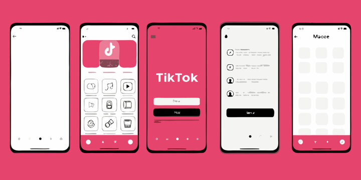 TikTok App Interface Mockups On Mobile Phone Screens Flat Vector Illustration