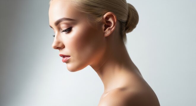 A woman with her hair pulled back and a neutral expression