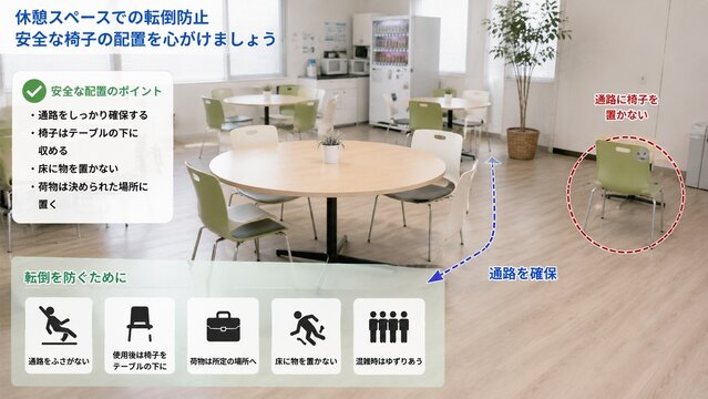 オフィス休憩スペースにおける転倒防止のための安全な椅子と荷物の配置に関する解説図