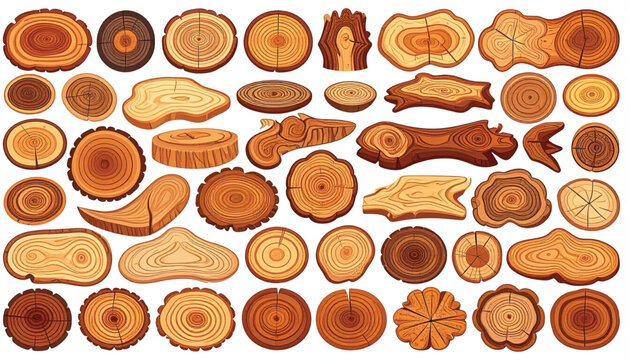 Variety of cut tree trunk slices.