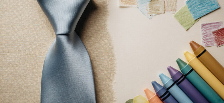 A sophisticated light blue satin tie rests next to a colorful array of child's art supplies, suggesting a juxtaposition of adult formality and childhood creativity.