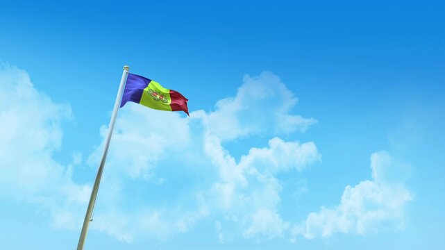 Andorra Flag 3D Render Animation on Pole with Blue Sky and Clouds - Low Angle View