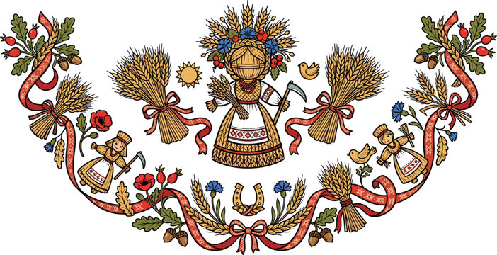 Slavic Harvest Festival Dozhinki Vignette Border Design with Straw Corn Doll Mascot, Wheat Sheaves, Sickle, Poppies, Horseshoe, and Red Festive Ribbons