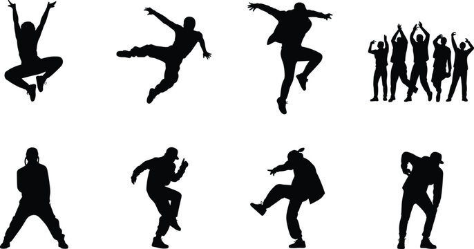 Dance and movement silhouette icons featuring dynamic hip-hop and street dance poses, group choreography, and expressive body motion