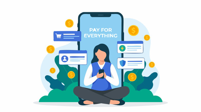 Woman using smartphone for online payments, mobile banking, and digital services