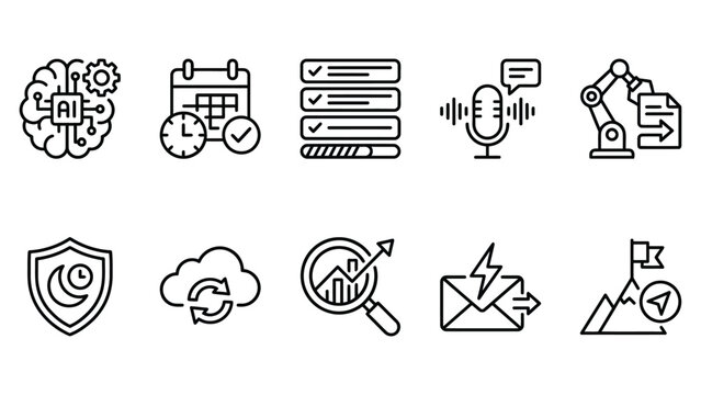 Technology icons set with AI brain cloud robot microphone automation security and analytics.