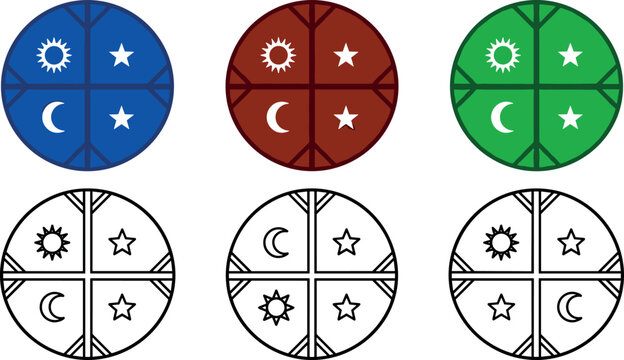 Mapuche Cosmovision Kultrun Sacred Cross Circle Icon Set Featuring Sun, Moon, and Star Symbols in Flat Color and Line Art Versions for Indigenous Graphic Designs