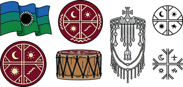 Mapuche Indigenous Culture Icon Set Featuring Waving Flag, Kultrun Ceremonial Drum, Silver Jewelry Ornament, and Cosmovision Cross Symbols for Chilean Ethnic Graphic Designs