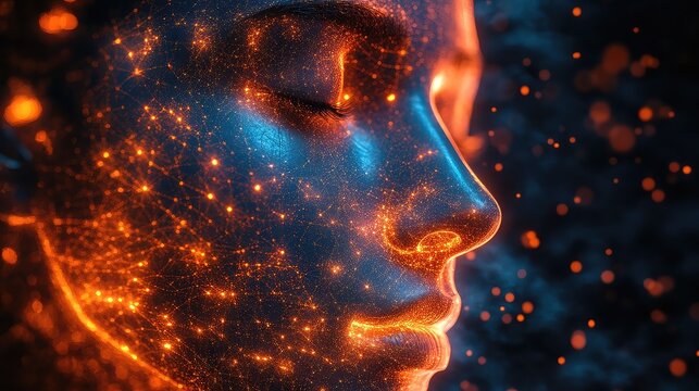 Digital human face with glowing orange neural connections and blue undertones against a dark cosmic background representing artificial intelligence and consciousness