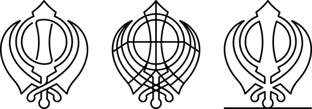 Minimalist Sikh Khanda Line Art Icon Set Featuring Continuous Line, Geometric Grid Blueprint, and Clean Contour Outline Religious Vector Graphic Designs