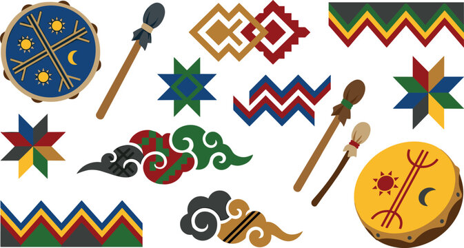 Mapuche Indigenous Culture Design Element Set Featuring Kultrun Drums, Drumsticks, Star Symbols, Geometric Zigzag Borders, and Stylized Folk Ornaments for Ethnic Graphic Projects