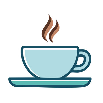 Flat design icon of a steaming blue coffee cup on a saucer