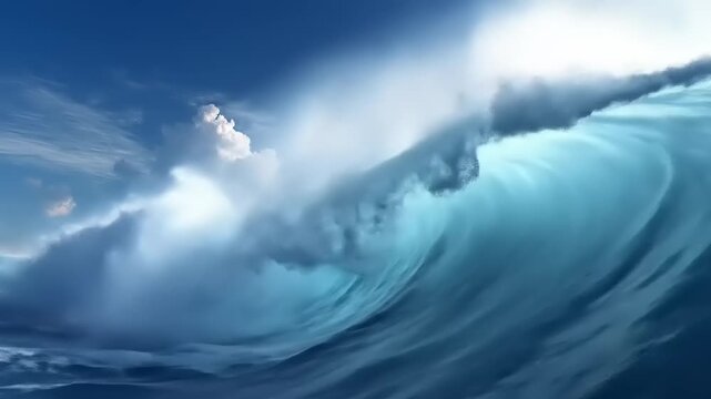 Massive ocean wave cresting against bright blue sky with scattered clouds